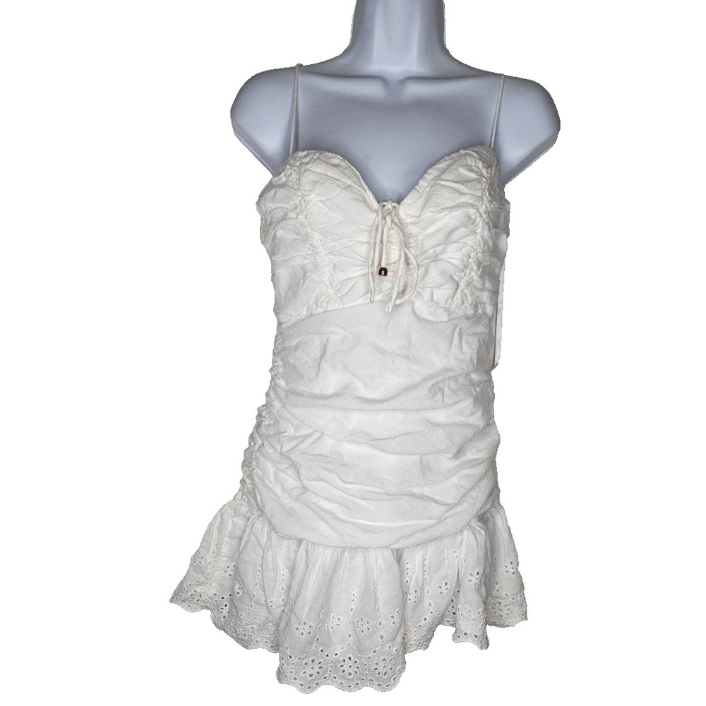 Indikah White Ruched Eyelet Mini Dress US 8 Cottagecore Coquette Coastal
